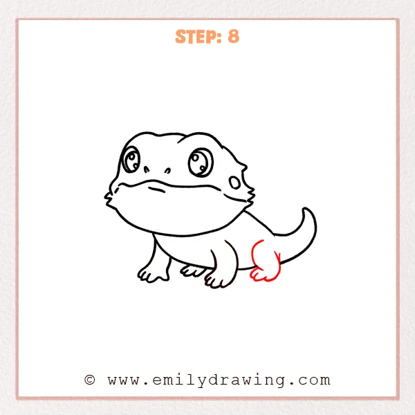 how to draw a bearded dragon - Step 8: A second back leg is added and a short inner tail line suggests thickness.